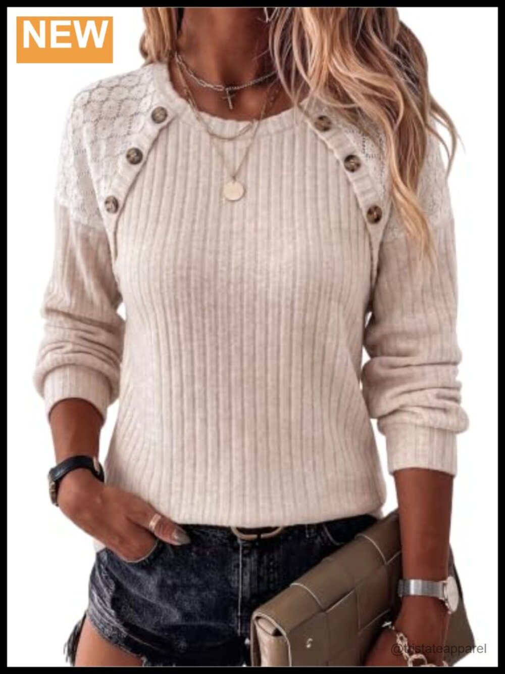 Womens Knitted Pullover Sweater Long Sleeve Crew Neck Button Lace Tunic Top